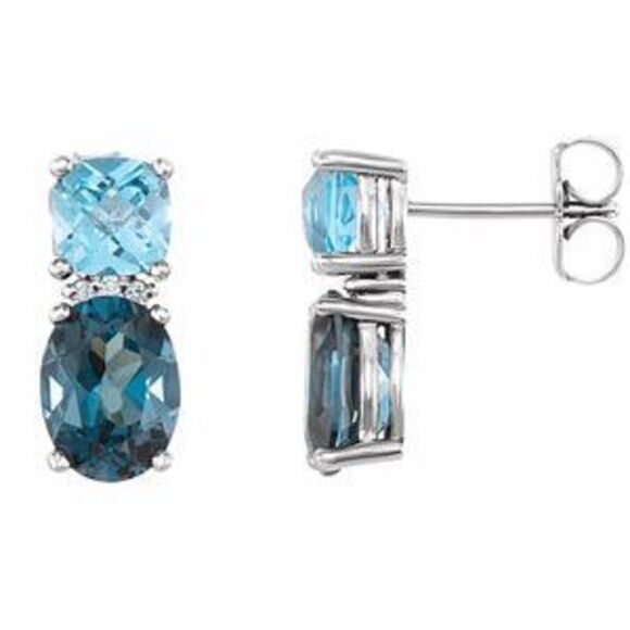 14K White London Blue Topaz, Natural Swiss Blue Topaz .03 Diamond Earrings